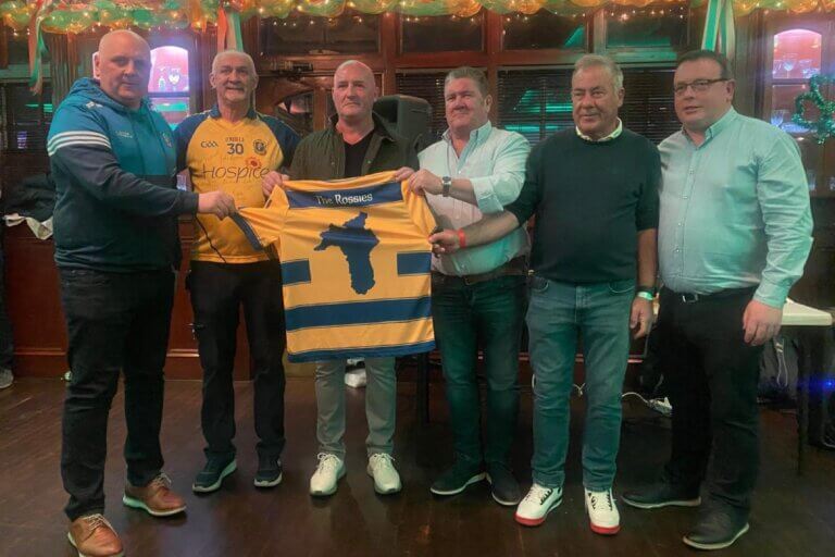 Presentation of first Club Rossie International Exclusive Roscommon GAA jersey with Joe Gilligan, Club Rossie Chairperson;  Jimmy Naughton Roscommon GAA New York; Kieran Keaveney  5th & Mad New York;  Adrian Regan; Tom Bennett - New York Regional Ambassador; Tom Murray - Roscommon GAA Chairperson
